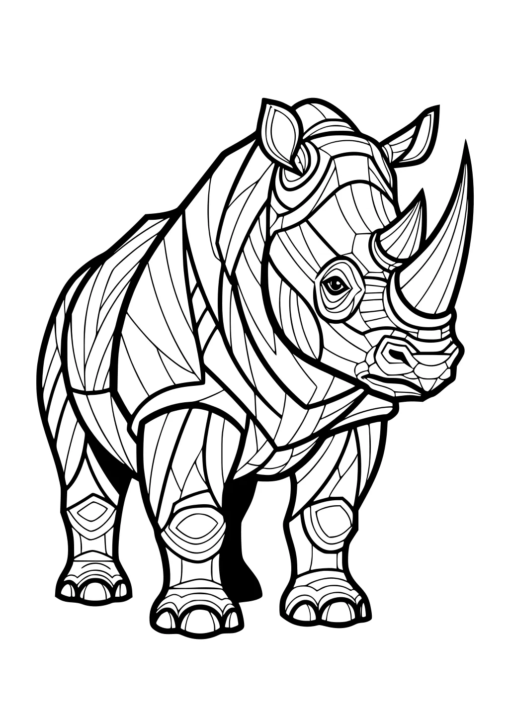 Geometric patterned rhinoceros with large horns, upright ears, and detailed legs. Bold lines divide its body into shapes.