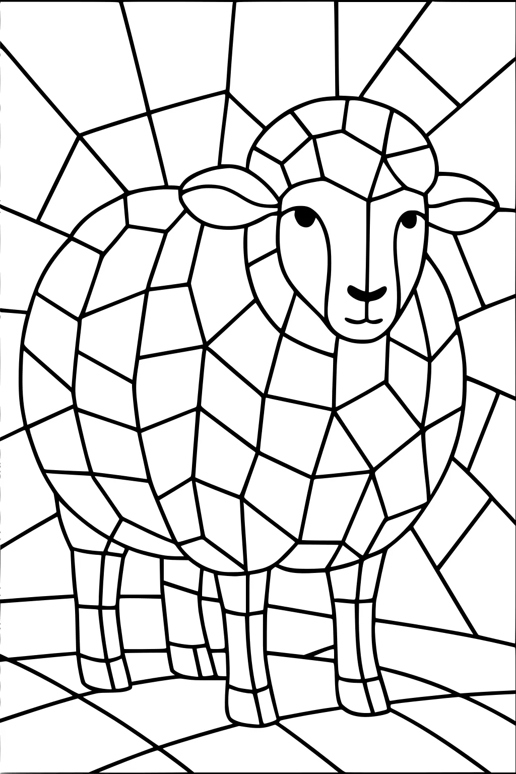 Outlined sheep with a rounded, mosaic-style body and bold geometric shapes filling the field and background.
