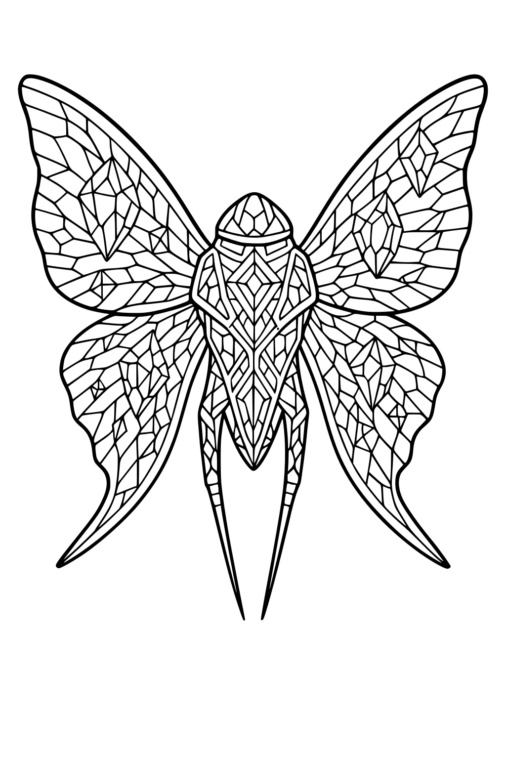 Symmetrical geometric insect with large mosaic wings, diamond details, and long pointed legs in black outline.