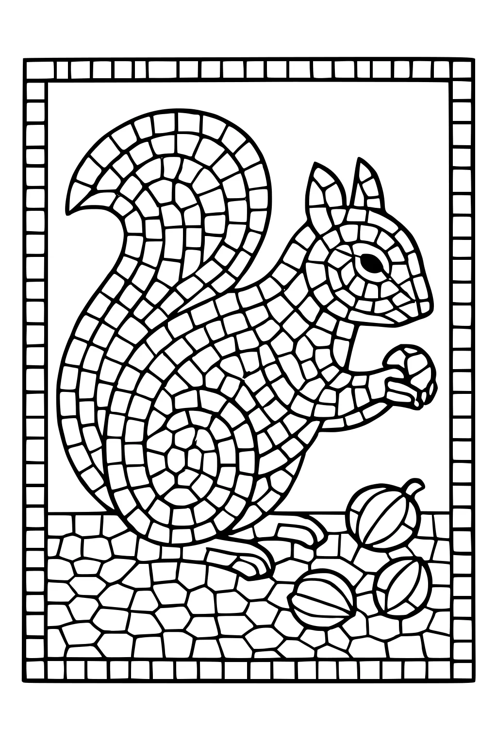 Squirrel with bushy tail holding a nut, shown in mosaic-style patterns with nuts on the ground and a square border.