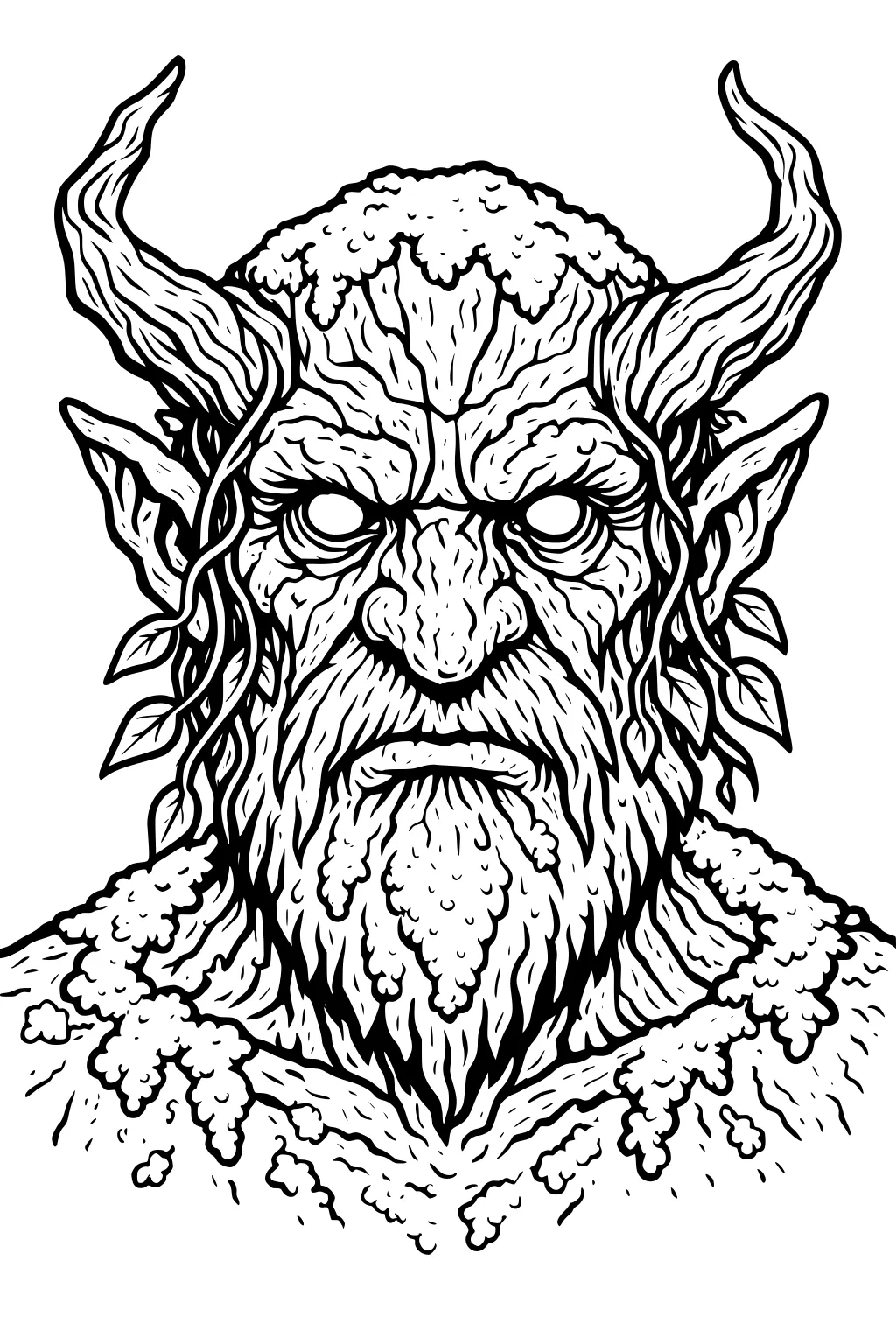 Horned forest troll portrait with wrinkled face, blank eyes, leafy ears, twisting horns, vines, and a mossy beard in detailed line art.