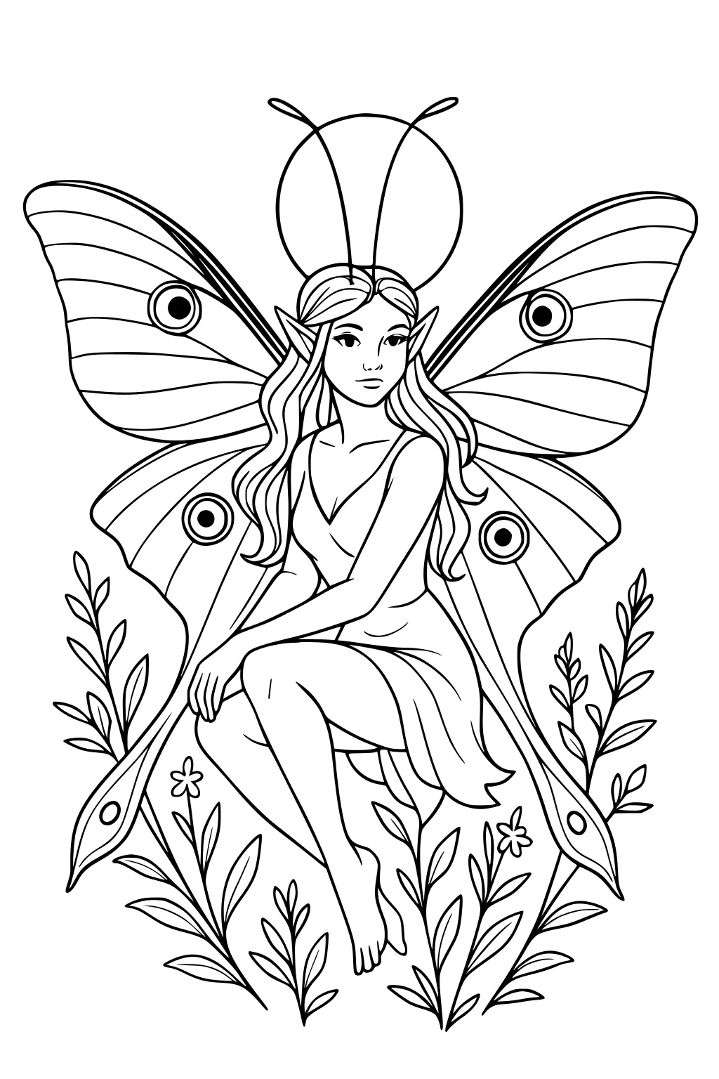 Fairy girl with moth-like wings and antennae kneels among leaves and small flowers, round halo shape behind her head.