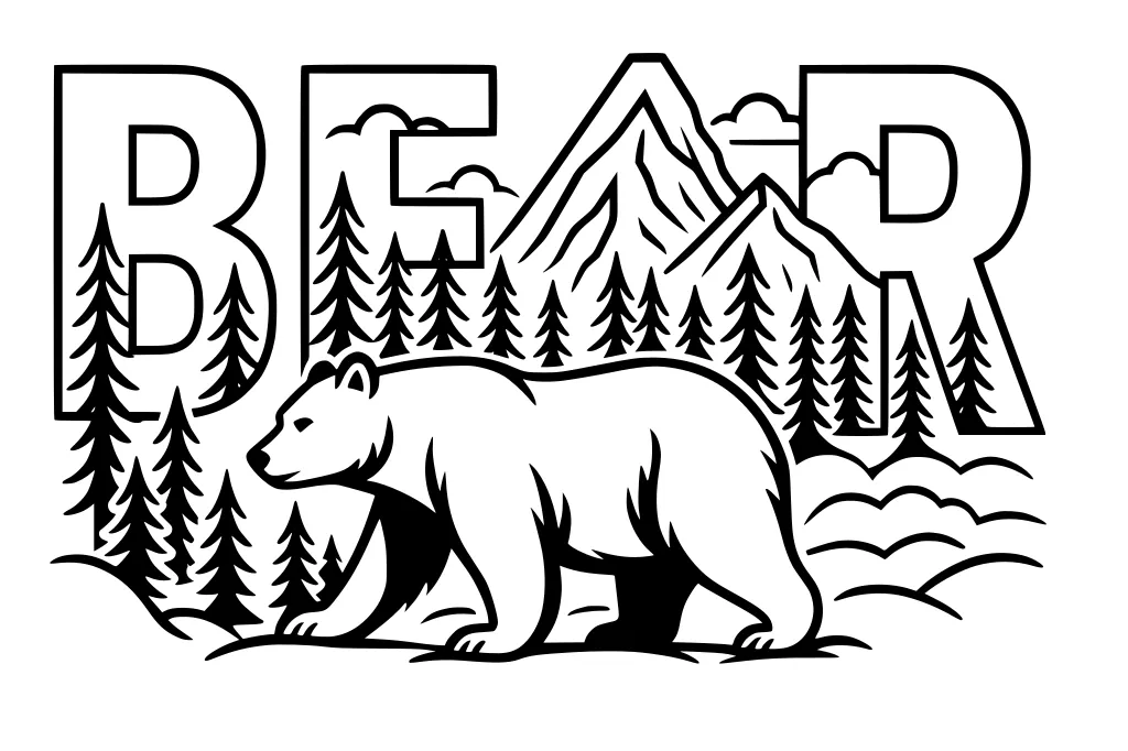 Bear walking through pine trees with large mountains and the word BEAR in the background.
