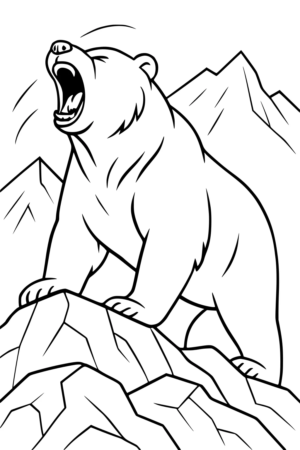 Bear roaring on rocky hill with mountains behind him.