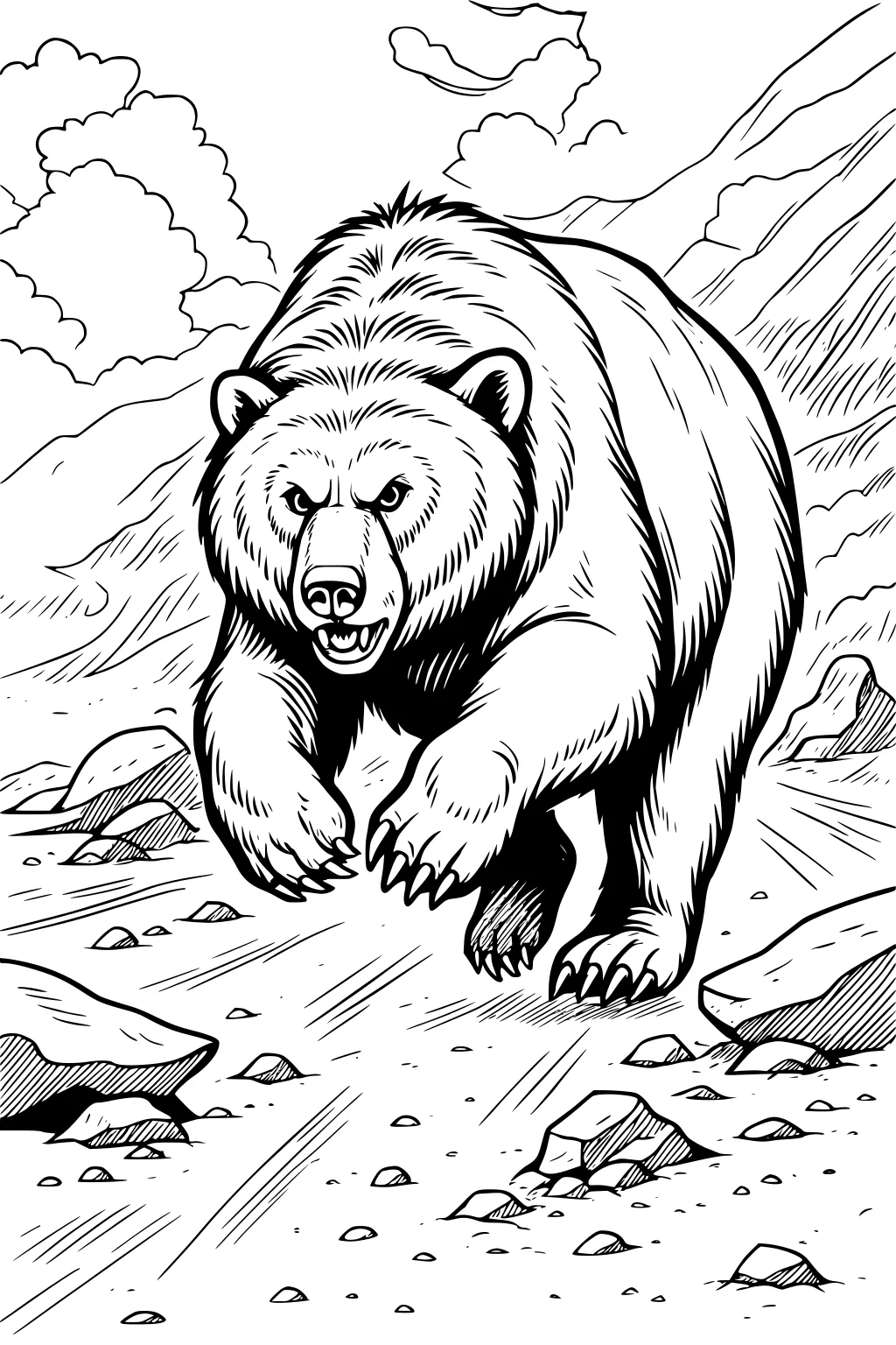 A large bear with detailed fur walks on rocky mountain ground with boulders and clouds in the sky.