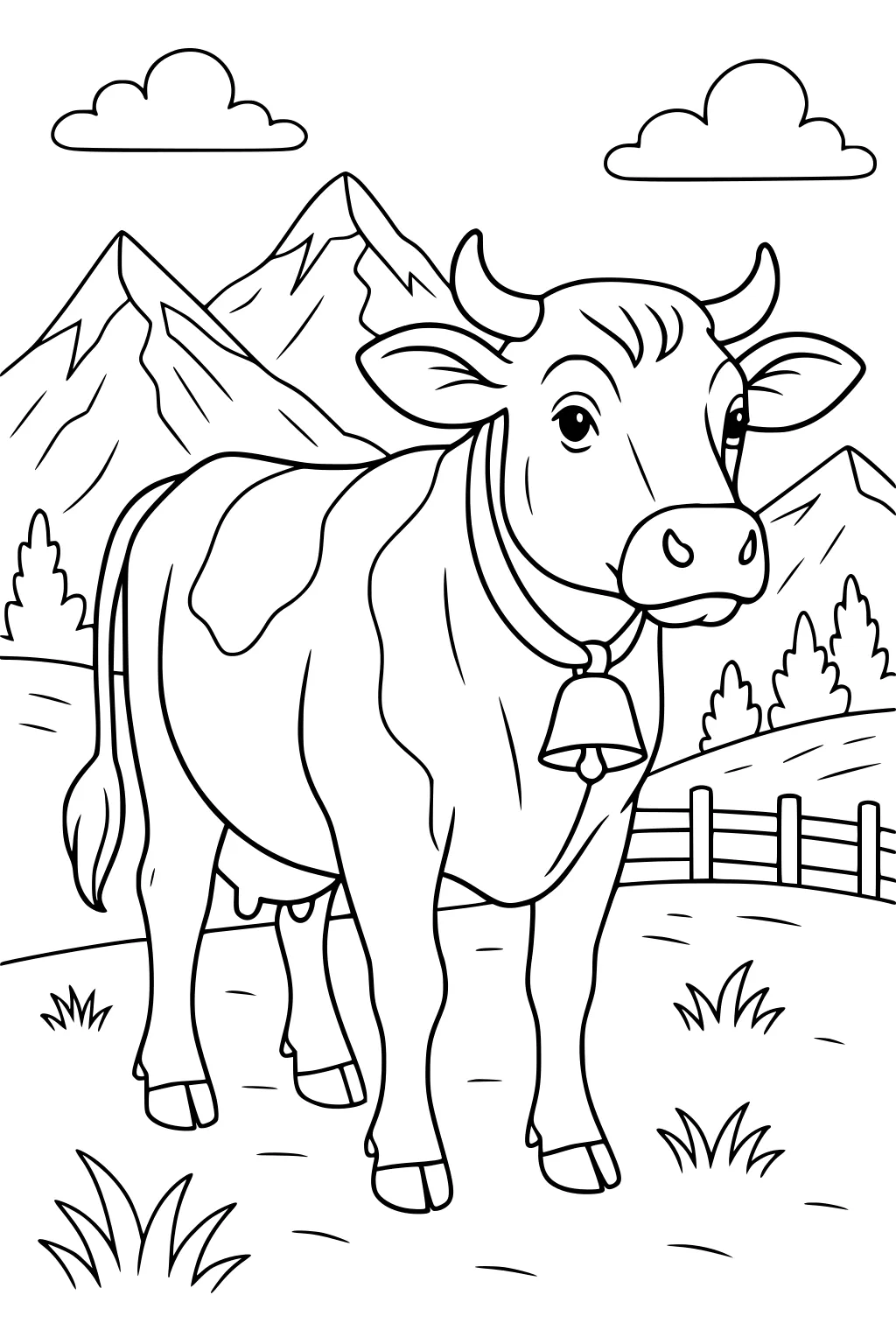 Cow with a bell standing in a grassy field, mountains, fence, bushes, and clouds in background.