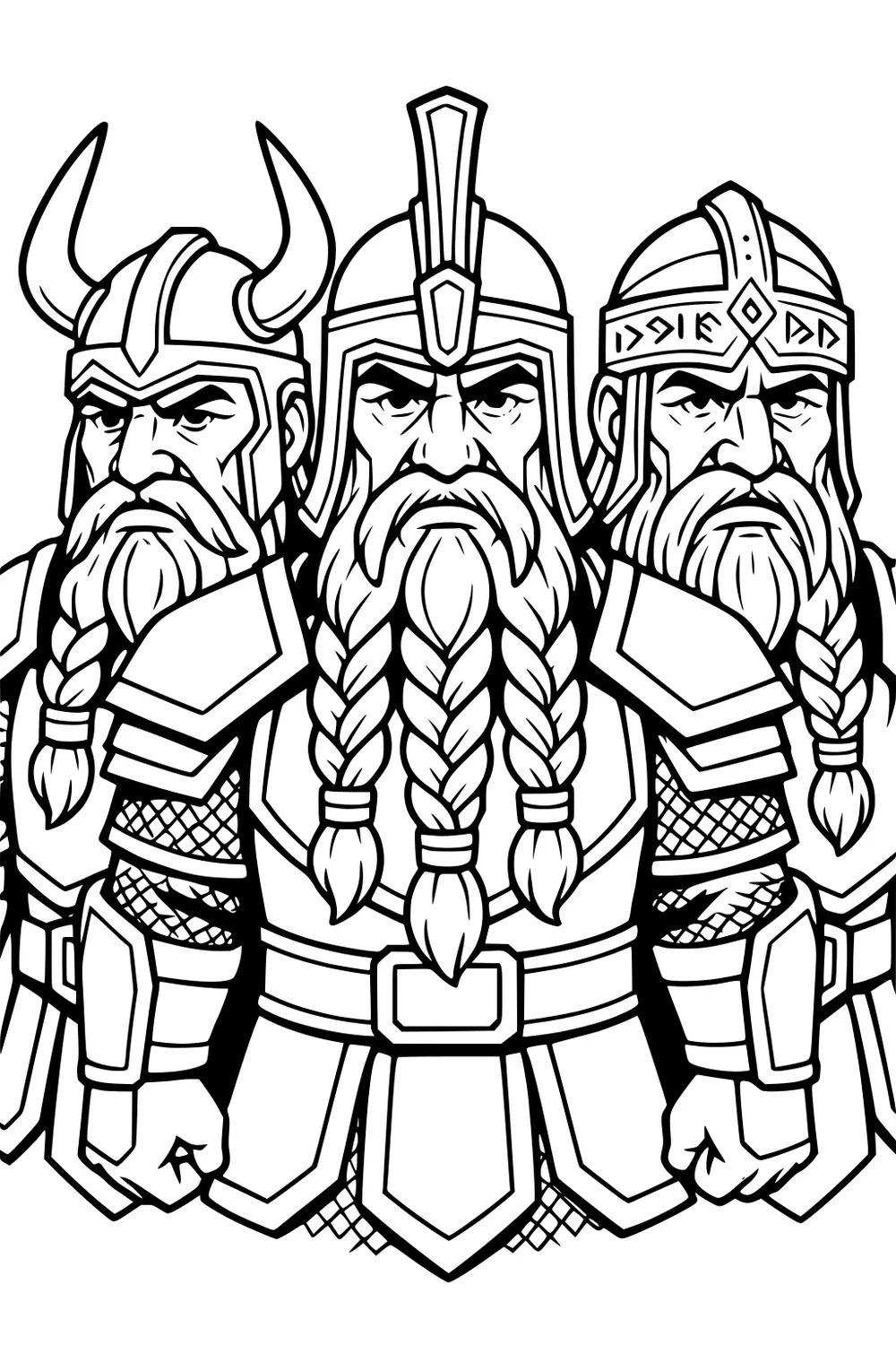 Three armored dwarf warriors with braided beards and helmets, fists clenched, detailed armor and runic bands, black-and-white line art.