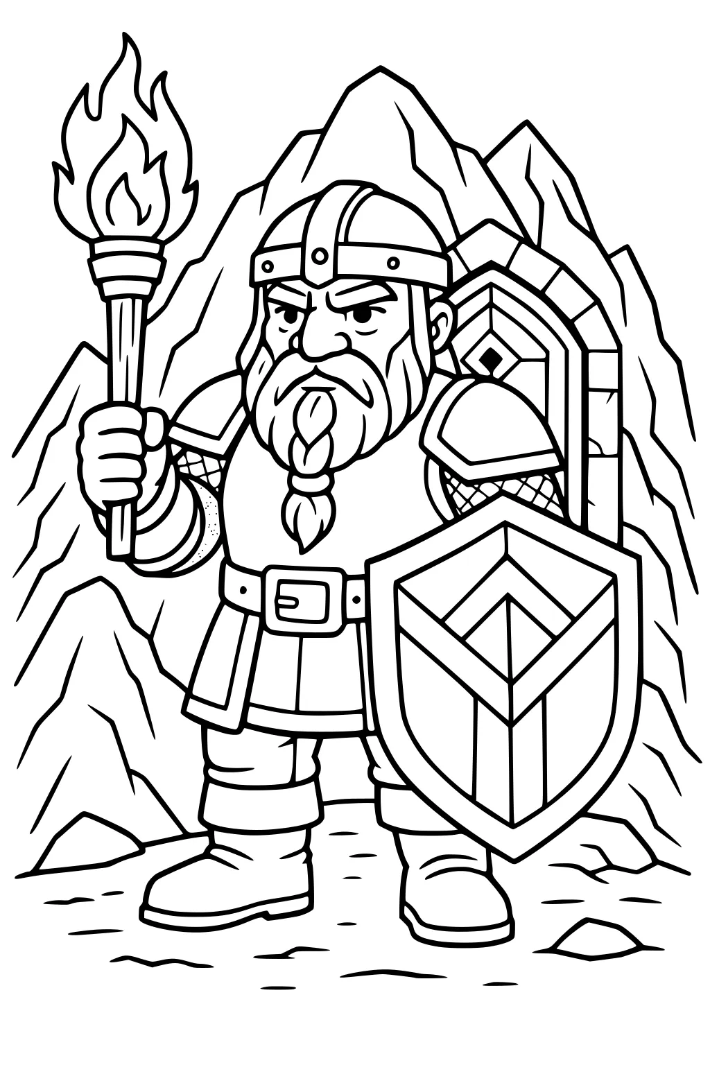 Bearded dwarf warrior with torch and shield at a stone mountain gate, wearing helmet and armor among rocky peaks.