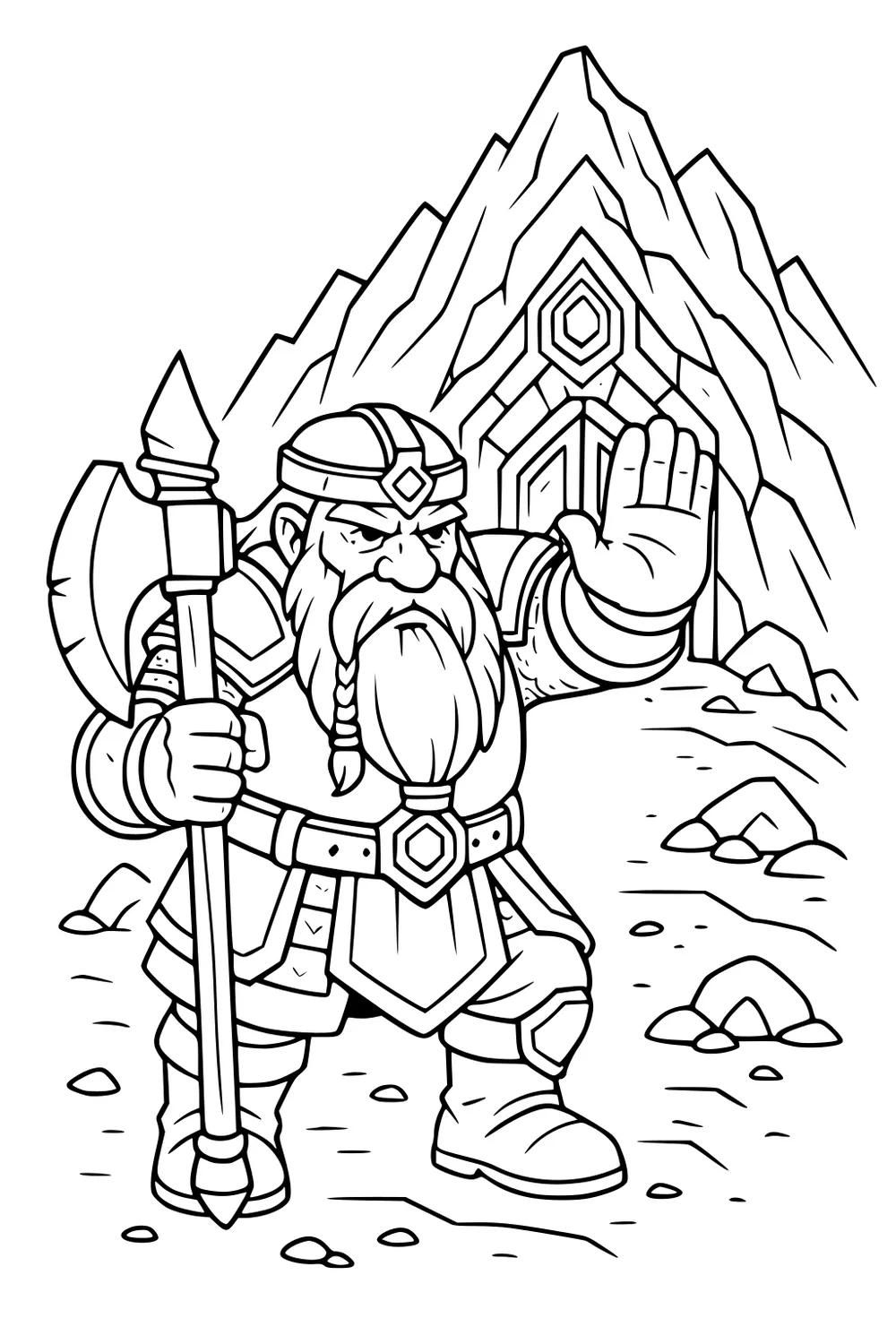 Dwarf guard with axe raises hand before a carved mountain gate, wearing armor and helmet, rocky path and stones in foreground.