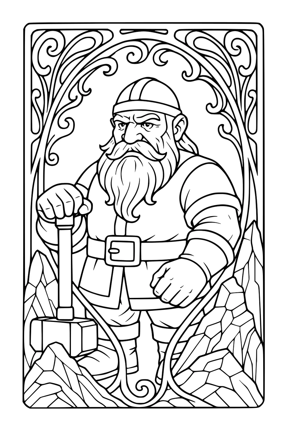 Bearded dwarf in helmet grips a hammer amid jagged rocks, framed by swirling vines; belt, boots, and stern face in bold line art.