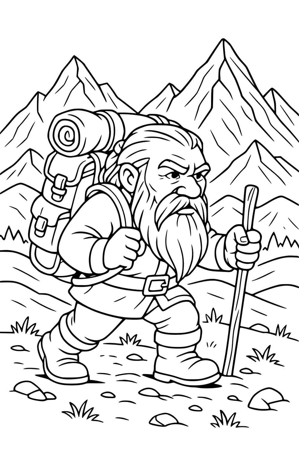 Bearded dwarf hiking with backpack and stick on a rocky path, jagged mountains in the background.