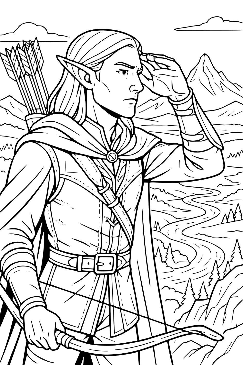 Elf archer with bow and quiver shading his eyes on a hilltop, mountains, winding river, and pine trees in the background.