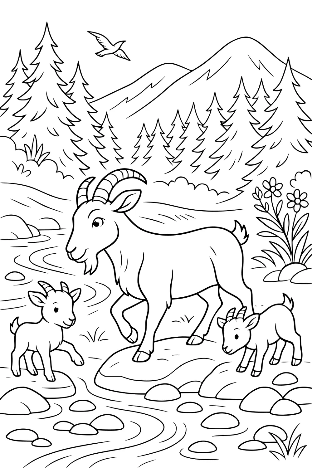 Mother goat and two kids walking over river rocks with pine trees, mountains, flowers, and a bird in the background.
