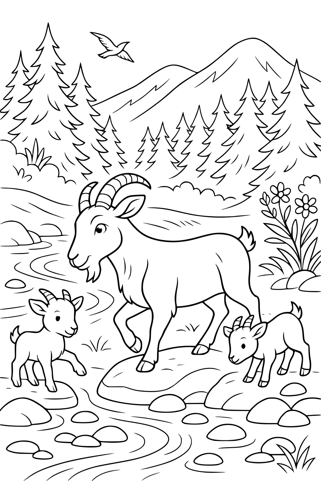 Mother goat and two kids walking over river rocks with pine trees, mountains, flowers, and a bird in the background.