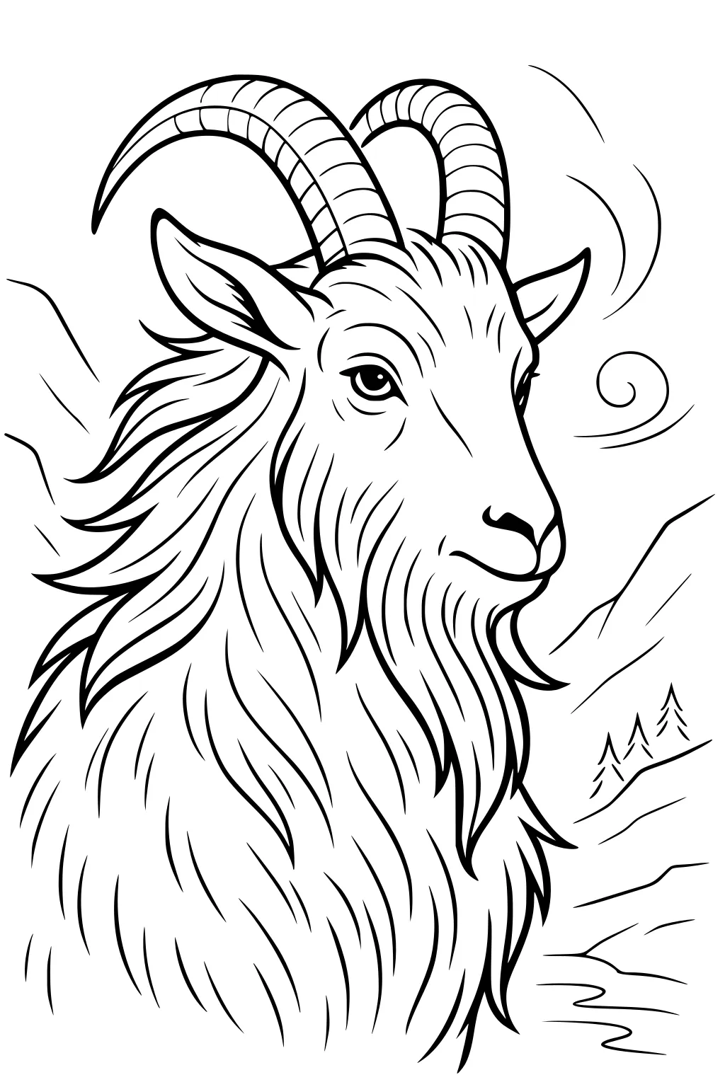 Line drawing of a fluffy goat with large curved horns, mountain background, pine trees, and windy swirls.