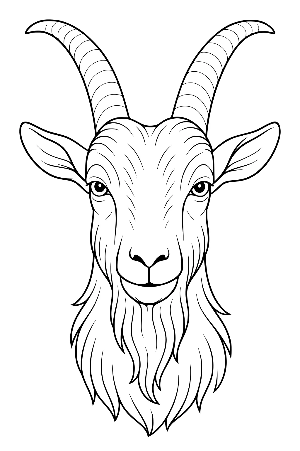 Line drawing of a goat's head with striped horns, long beard, and wide ears, viewed from the front.