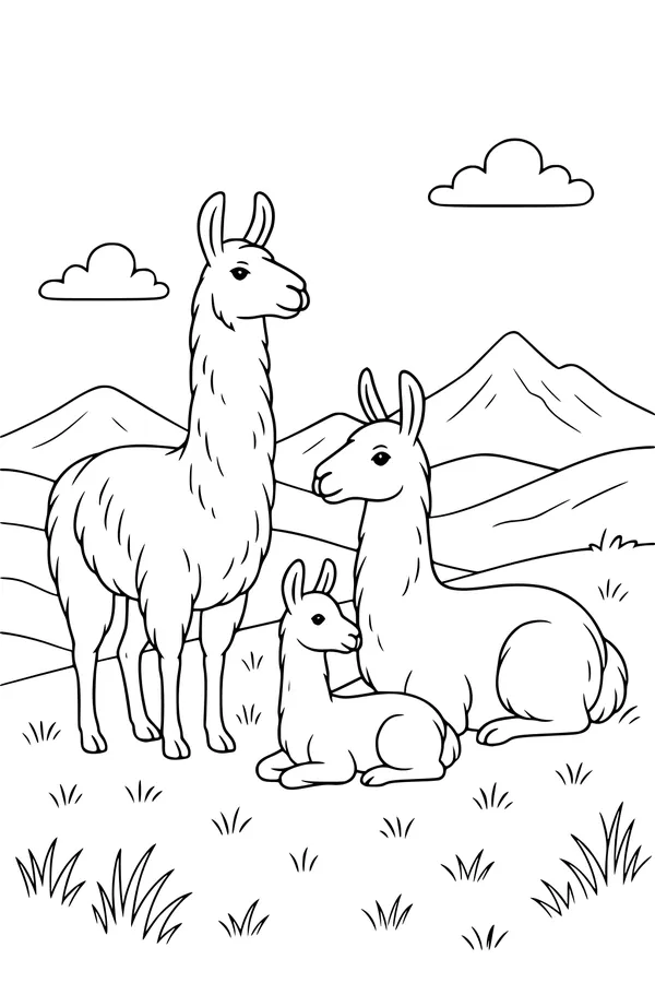 Llama Family Resting in the Hills