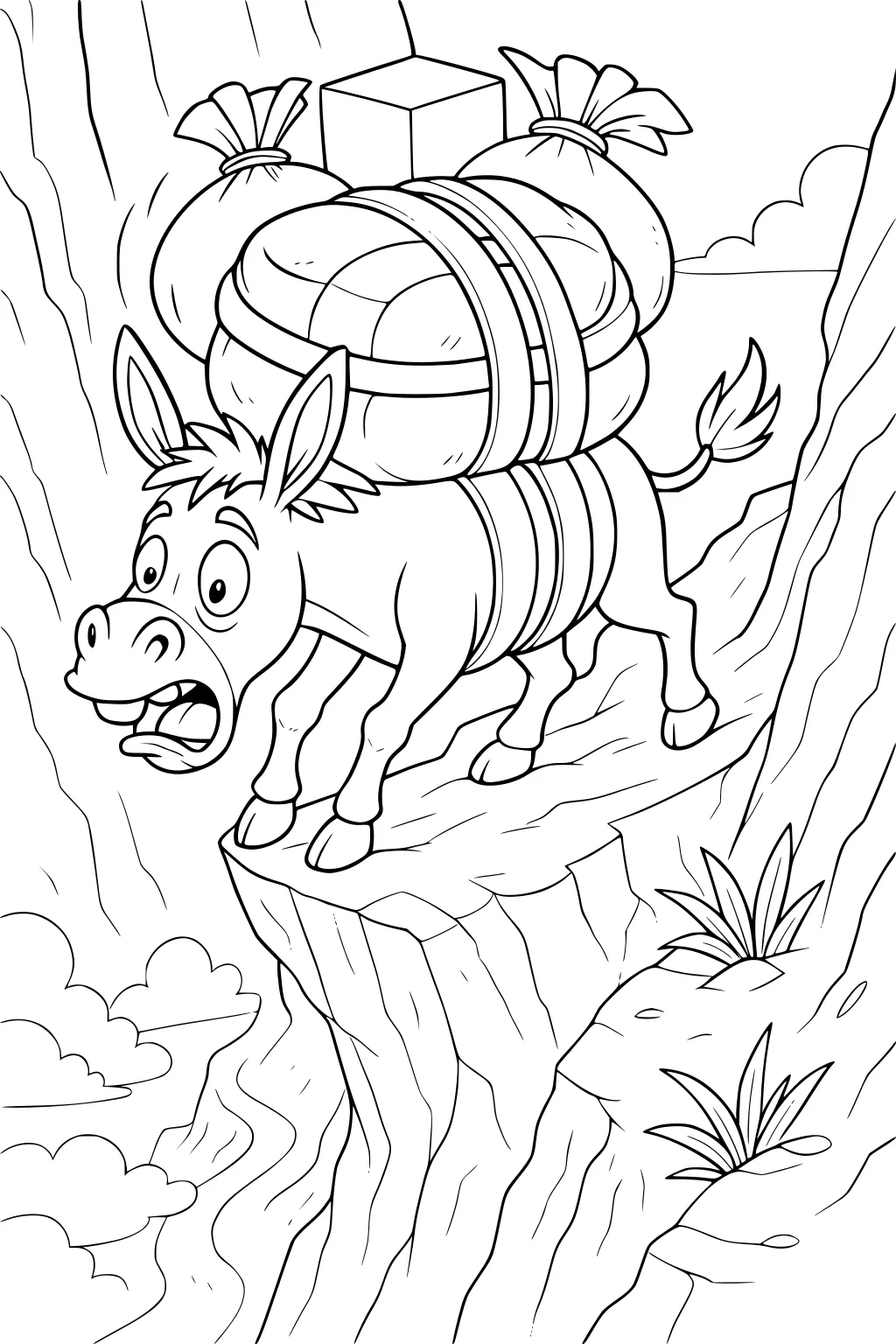 Nervous donkey loaded with bundles and a box, walking on a narrow rocky mountain ledge with clouds and plants.