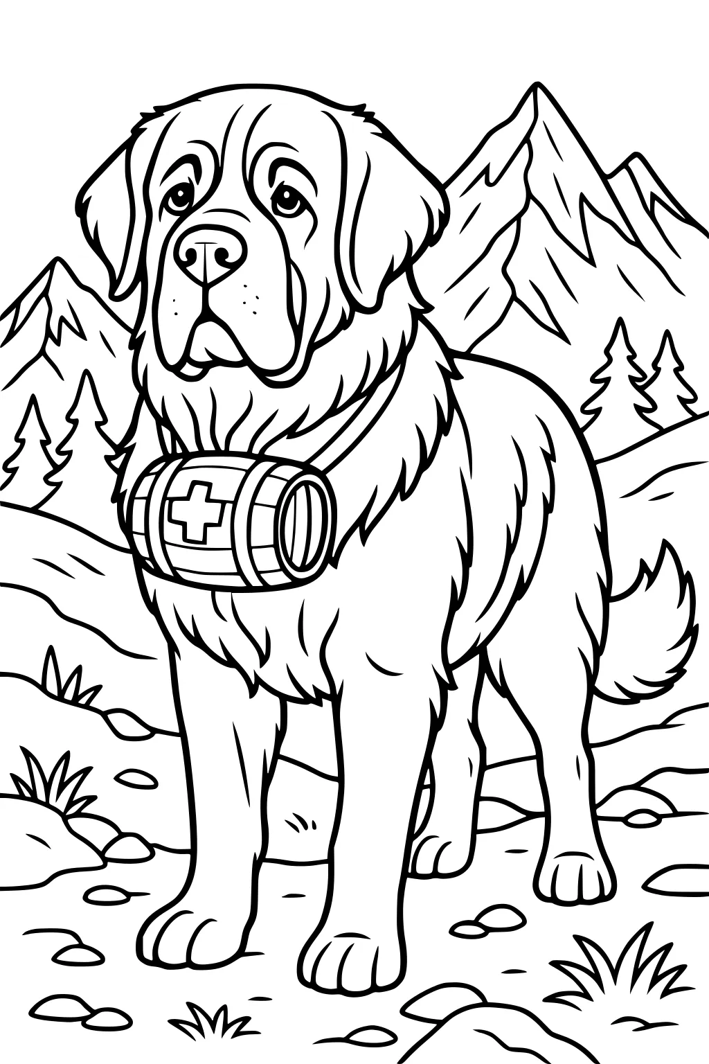 Saint Bernard dog wearing a rescue barrel stands on rocky ground with mountains and pine trees behind