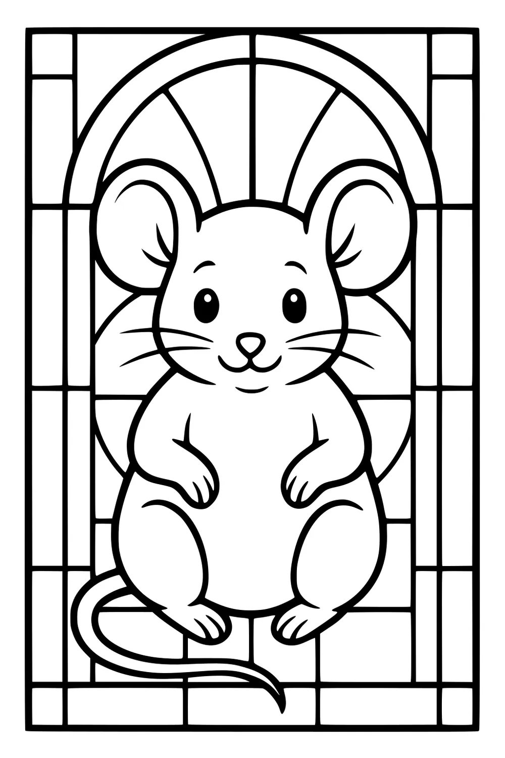 Round mouse sitting inside a window frame with big ears, long tail, and geometric window border.