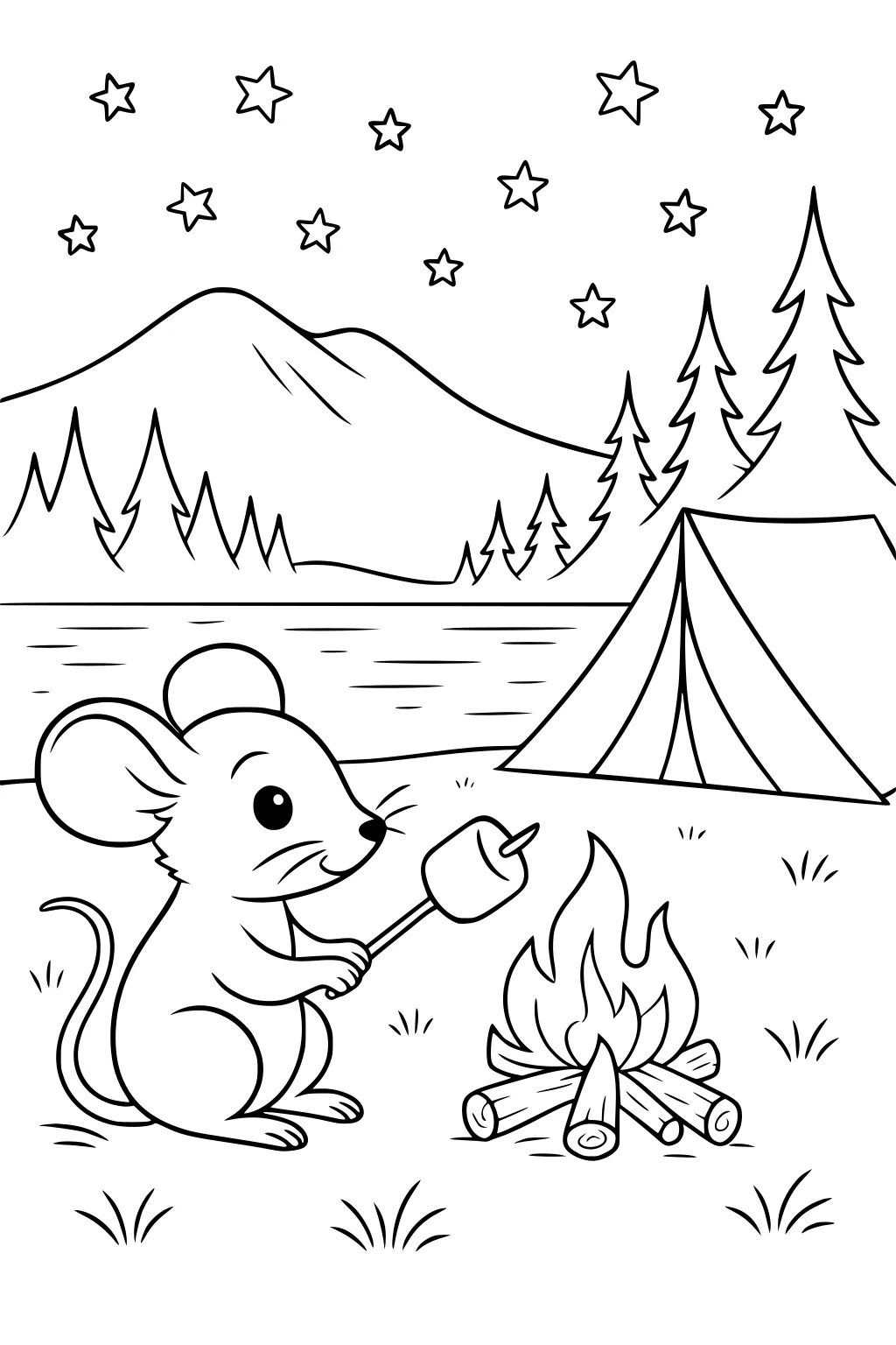 Mouse roasting marshmallow at a campfire near a tent, with pine trees, lake, mountains, and stars in the background.
