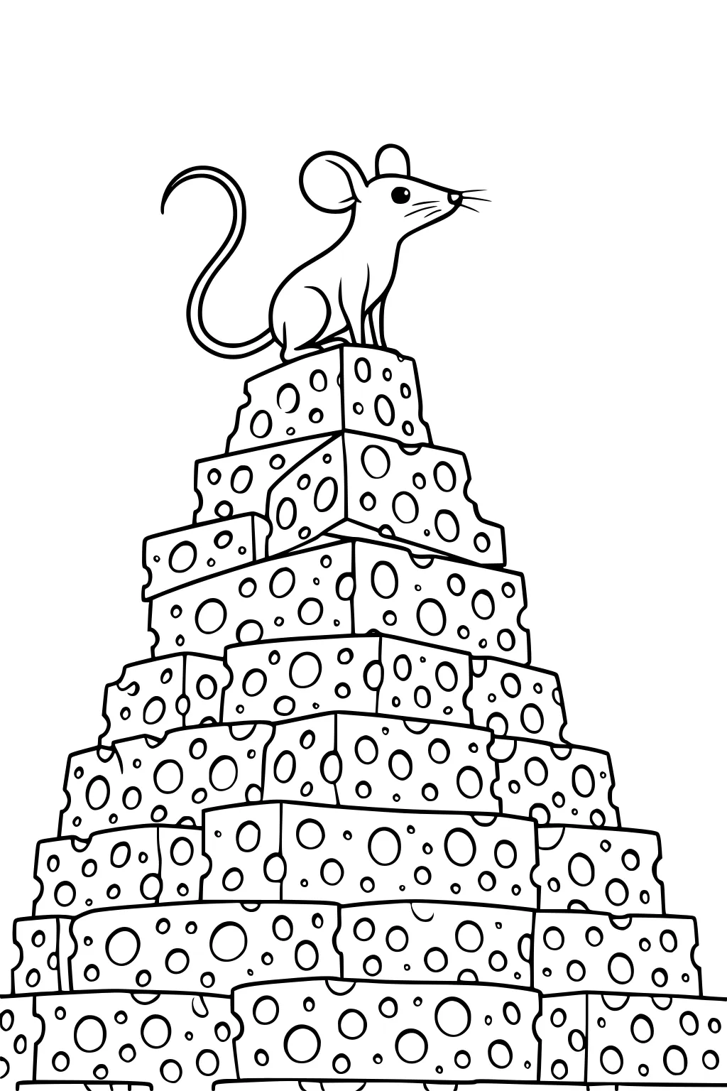 Mouse with large ears sitting on a pyramid of stacked cheese blocks full of holes.