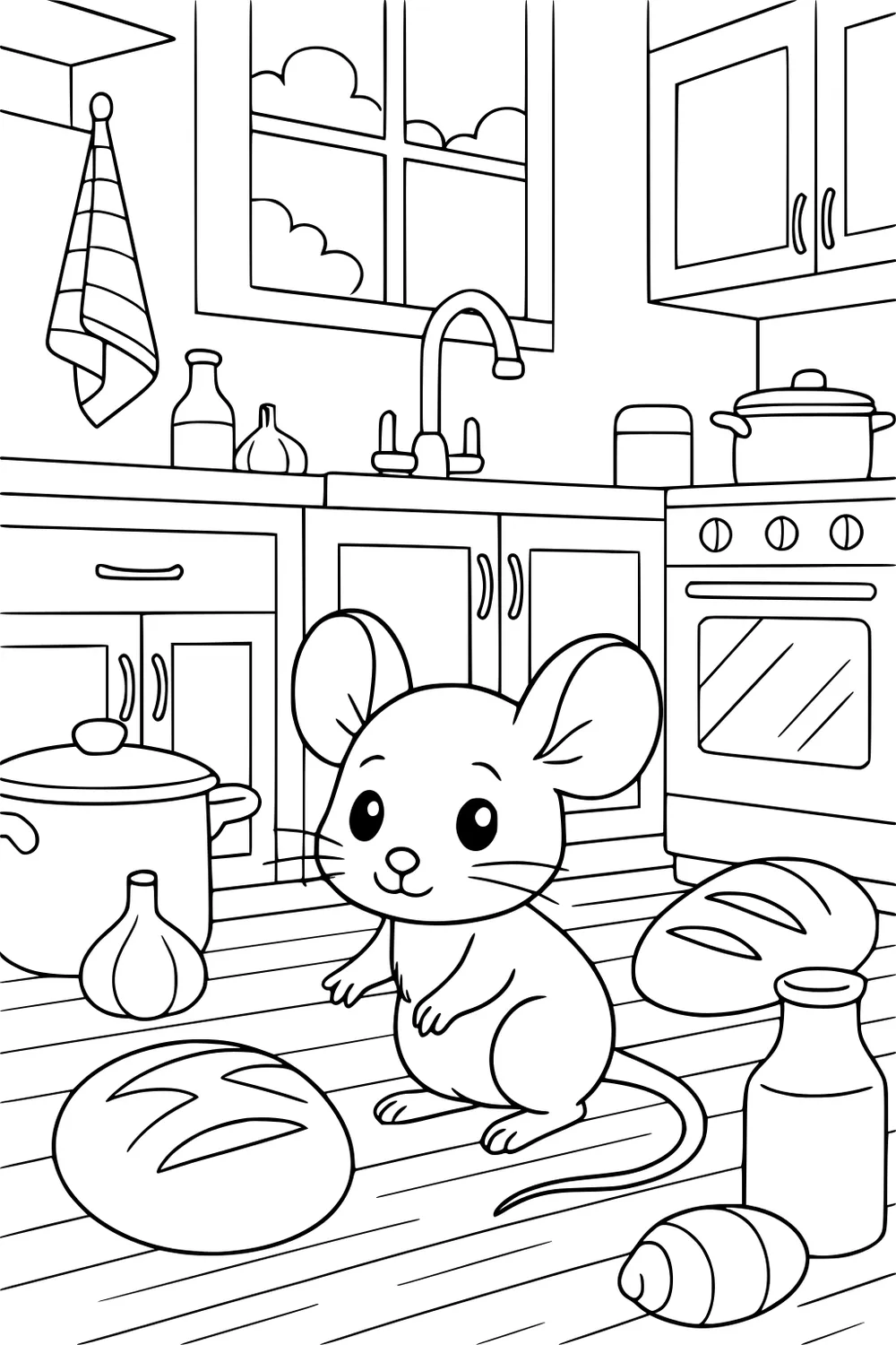 Mouse sitting on kitchen floor near bread, milk bottle, garlic, and pots, with cabinets, stove, and window in the background.