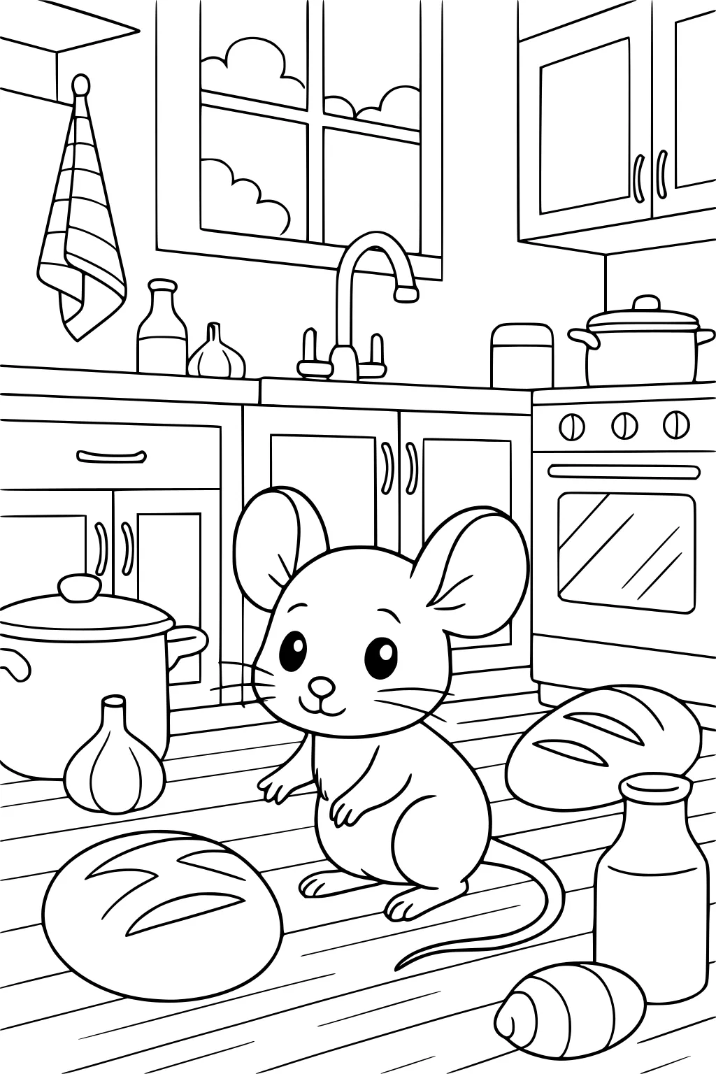 Mouse sitting on kitchen floor near bread, milk bottle, garlic, and pots, with cabinets, stove, and window in the background.
