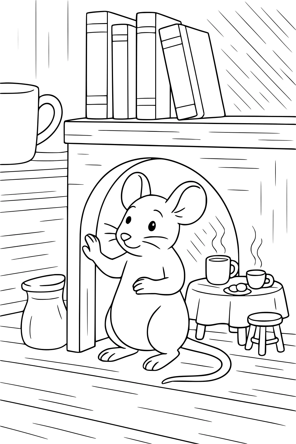 Mouse in a little home under a bookshelf with a table set for tea, small stools, mugs, and a plate of snacks.