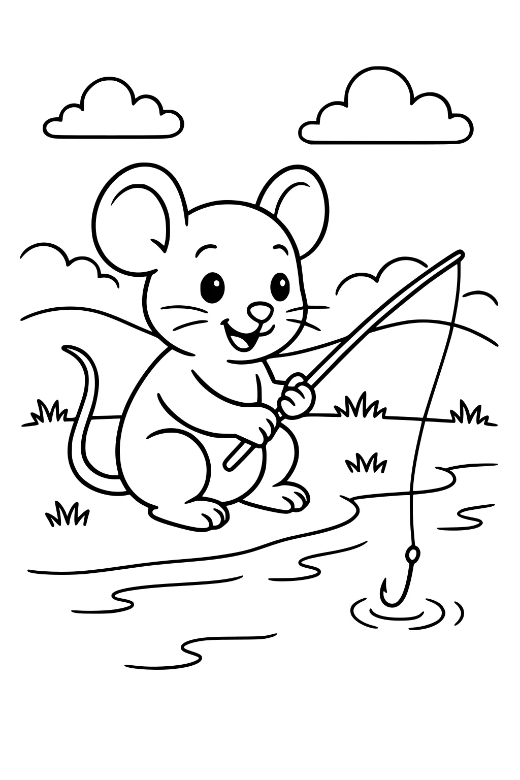Mouse holding a fishing rod, sitting by a pond with grass, hills, and clouds underneath a bright sky.