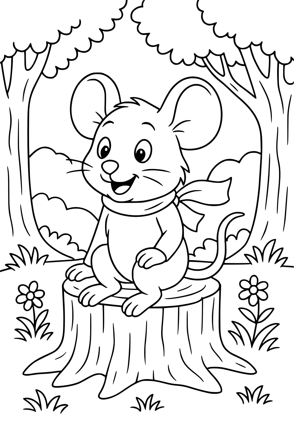 Happy mouse with scarf sits on tree stump, surrounded by flowers and trees in a forest clearing.