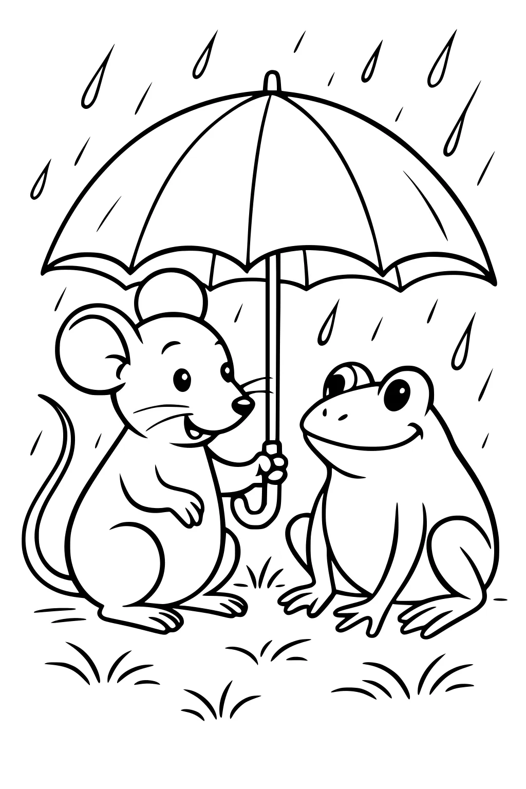 Mouse holds umbrella over herself and a frog while rain falls. Both sit on grassy ground with raindrops in the background.