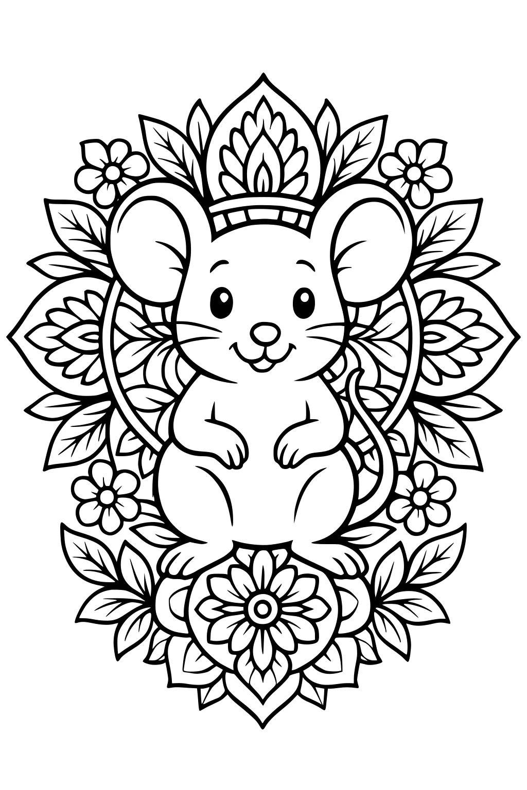 Cartoon mouse sitting in the center with large ears, surrounded by flowers and leaves arranged in a fancy circular pattern.