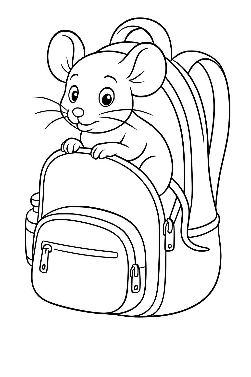 Mouse with big ears and whiskers peeking over a backpack with a front pocket and side bottle.