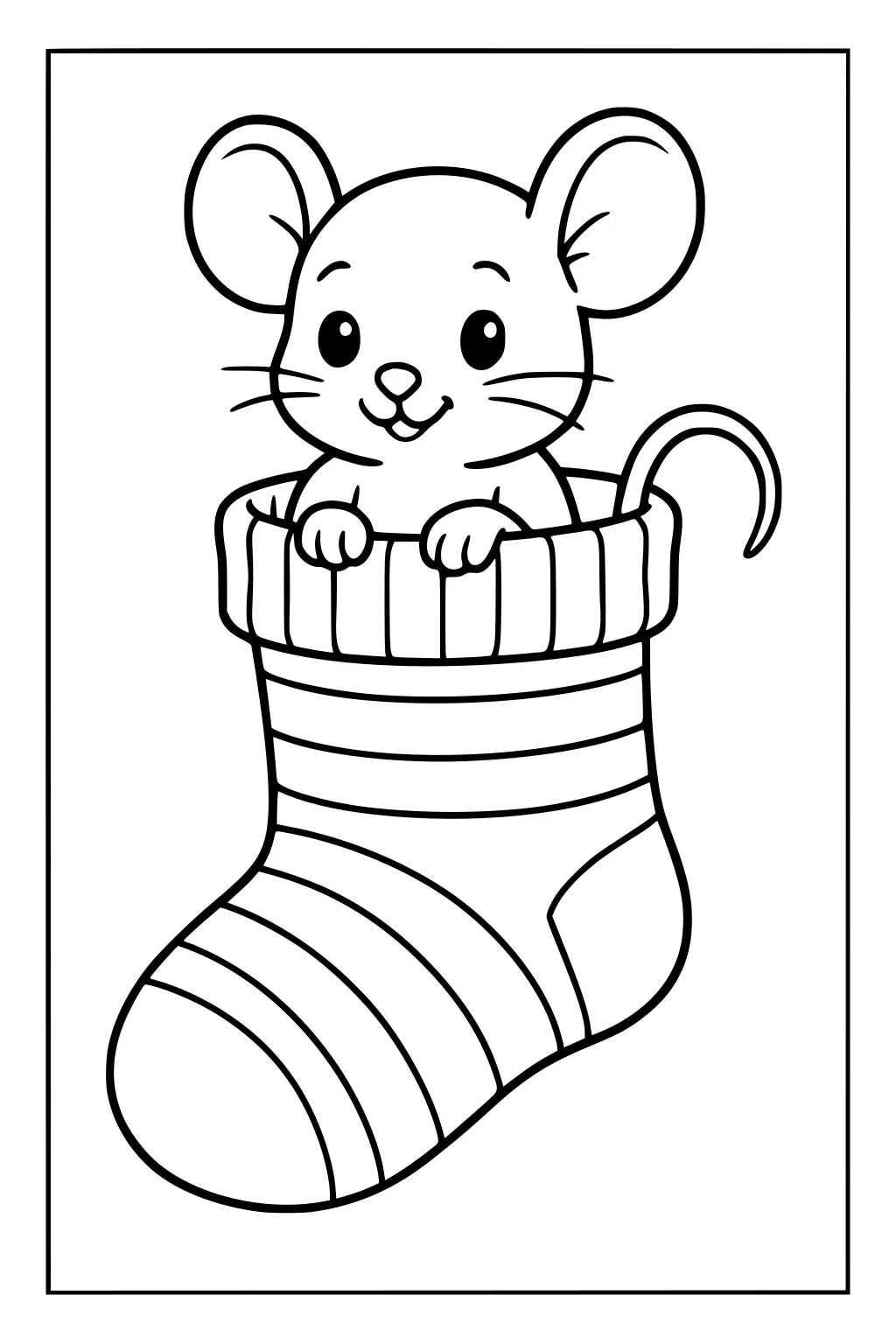 Cartoon mouse with big ears sitting inside a striped Christmas stocking, smiling with paws on the rim.
