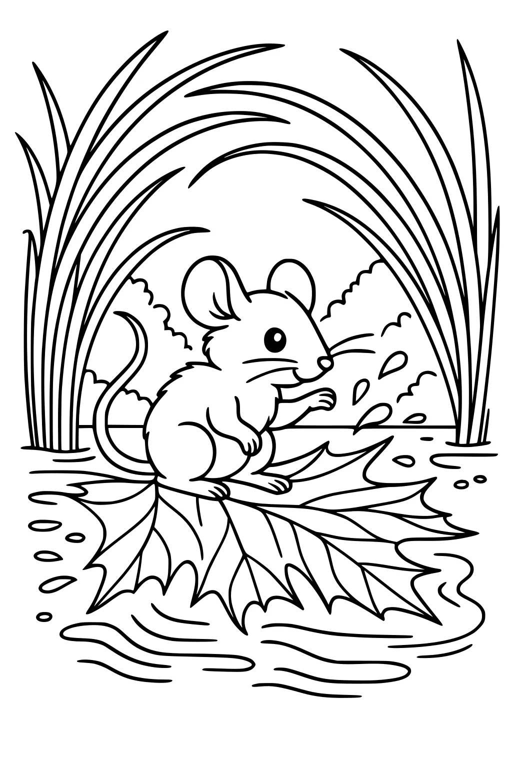 Mouse sitting on a leaf floating on a pond with tall grass and clouds behind.