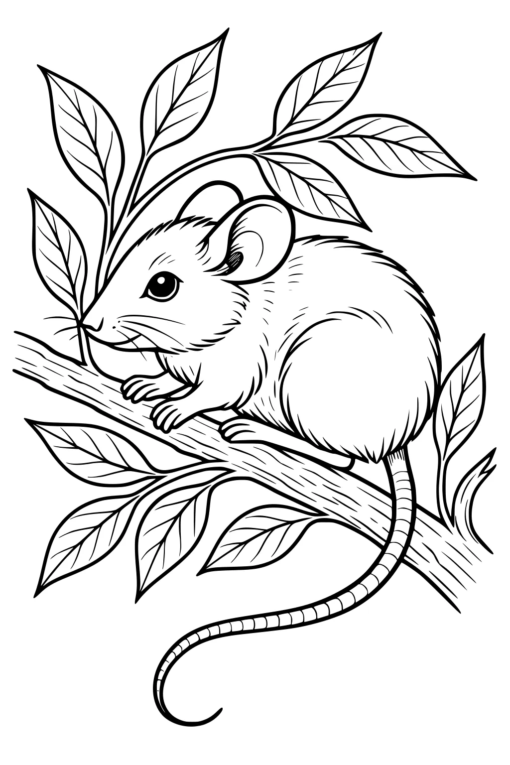 Mouse with large ears and long tail sitting on a tree branch among leafy twigs.