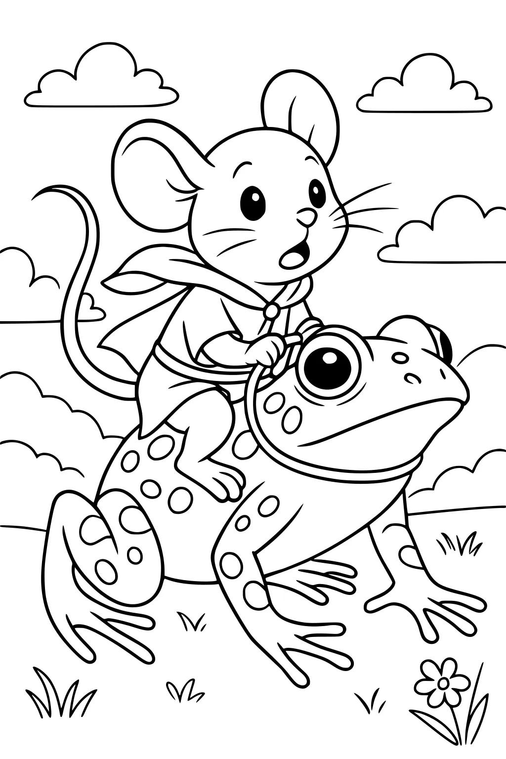 Mouse in a scarf riding a spotted frog through grass, under clouds, with a flower nearby.