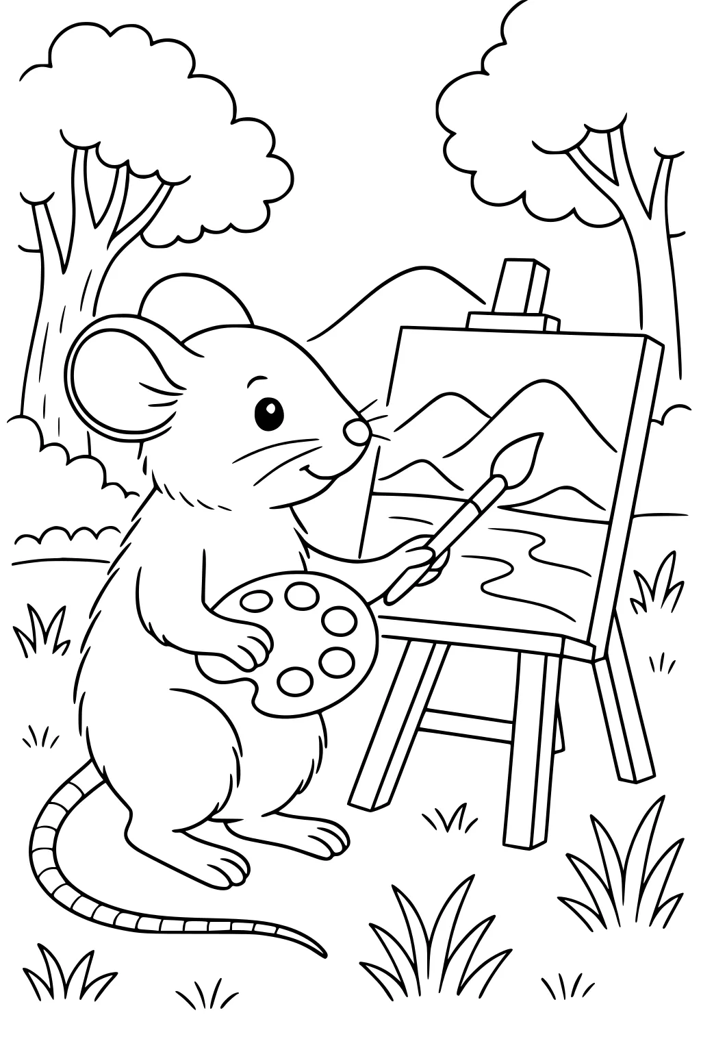 Mouse holding a paintbrush and palette, painting landscape on an easel outdoors with trees and grassy hills in the background.