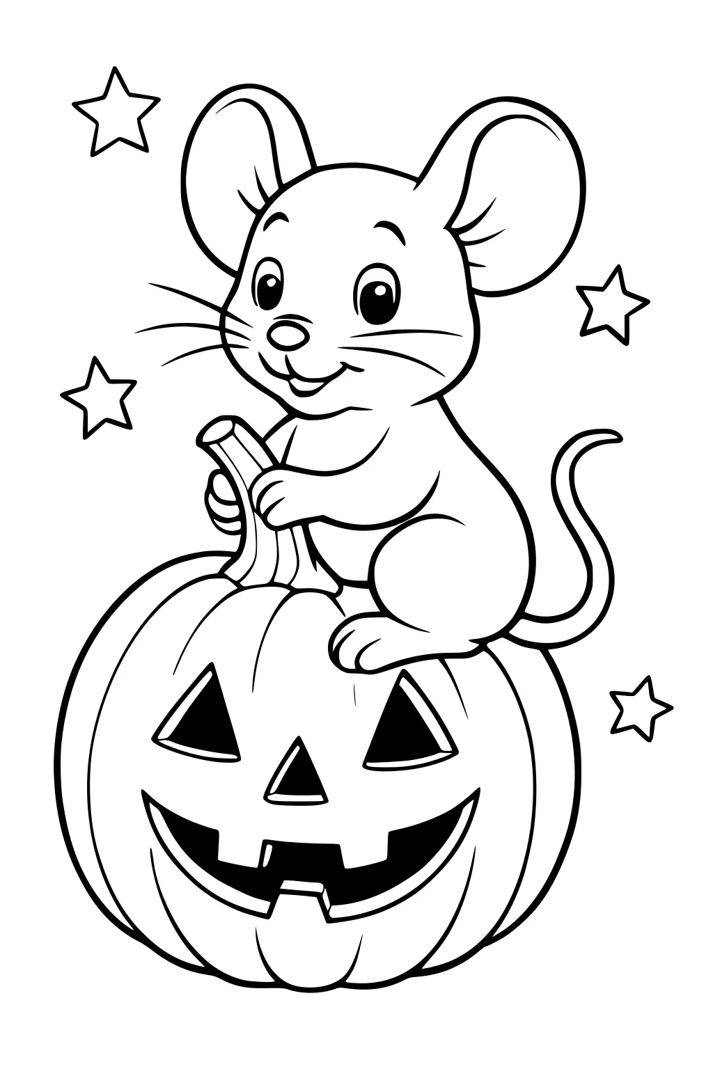 Mouse sitting on a jack-o'-lantern pumpkin with stars in the background.