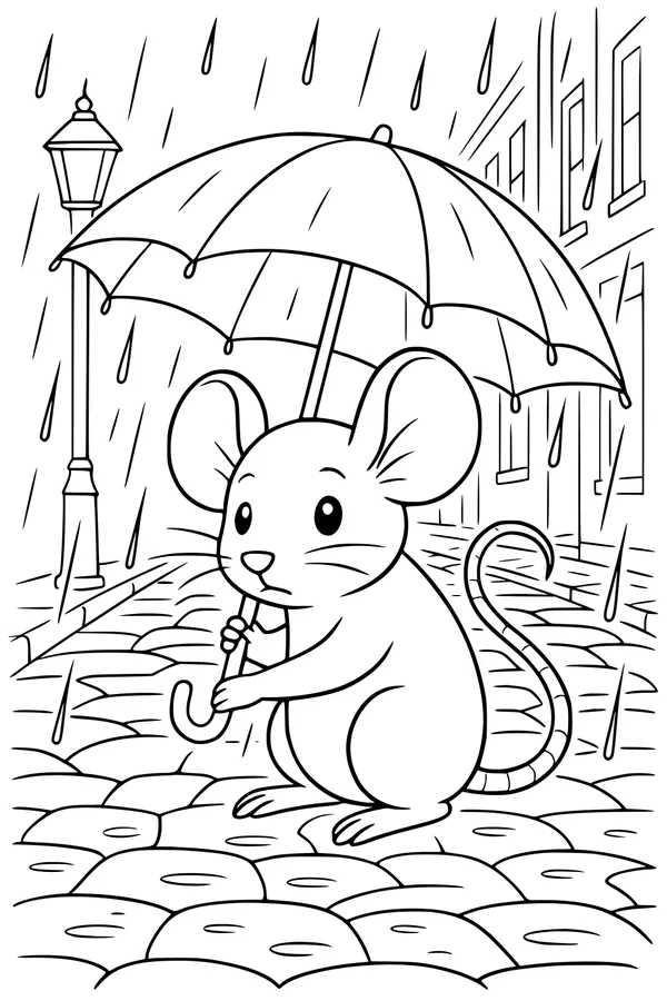 Rainy Day Mouse on Cobblestone Lane