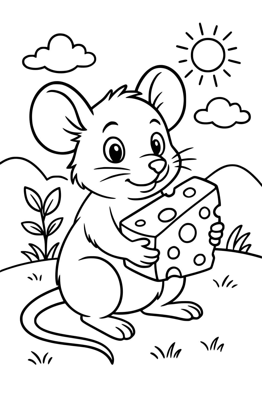 Mouse sitting on grass holding cheese, with sun, clouds, hills, and plants in the background.