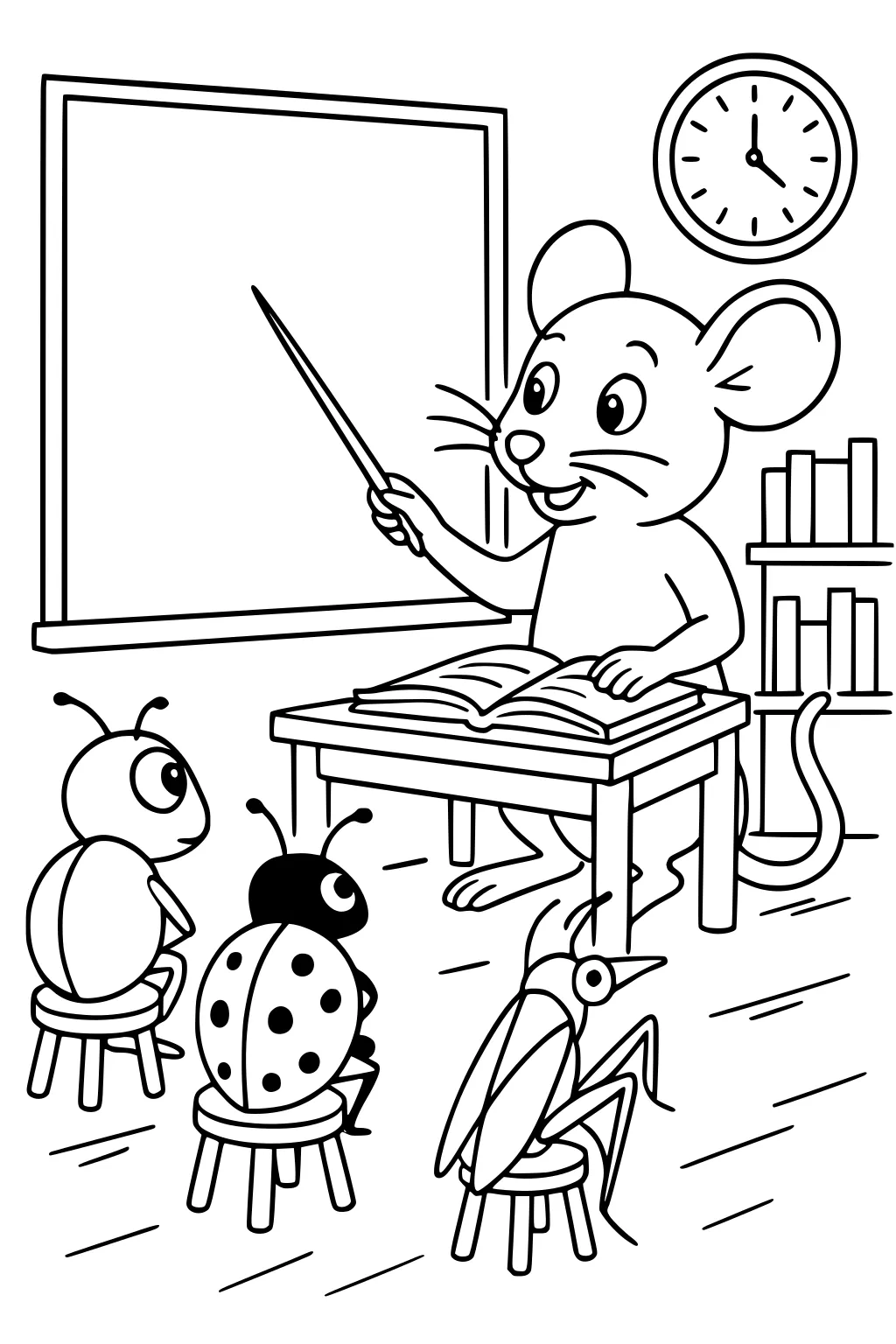 Mouse teacher at desk with book, pointing at chalkboard, three bugs on stools, clock and bookshelf in classroom.