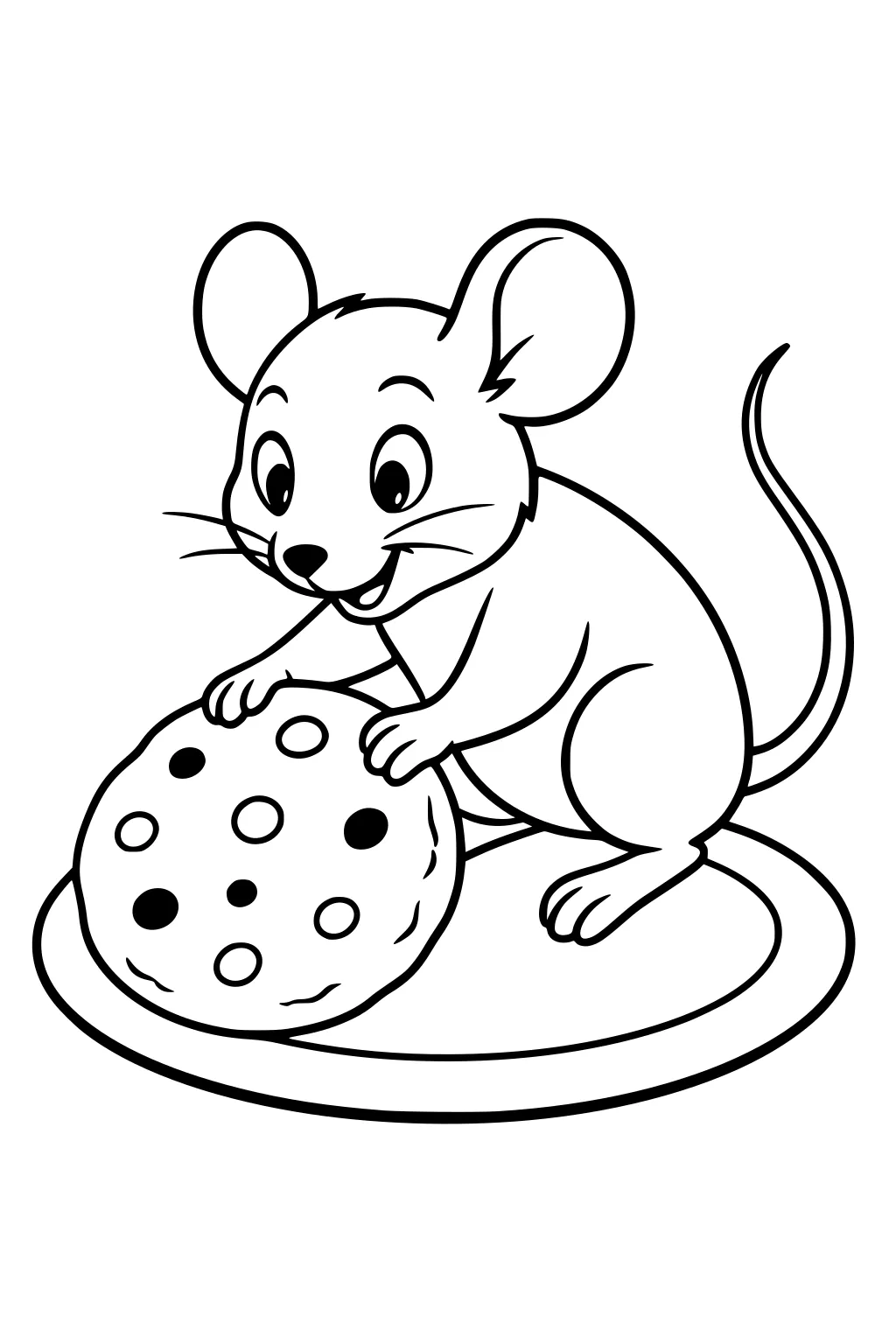 Cartoon mouse holding a chocolate chip cookie on a plate, looking happy and excited.