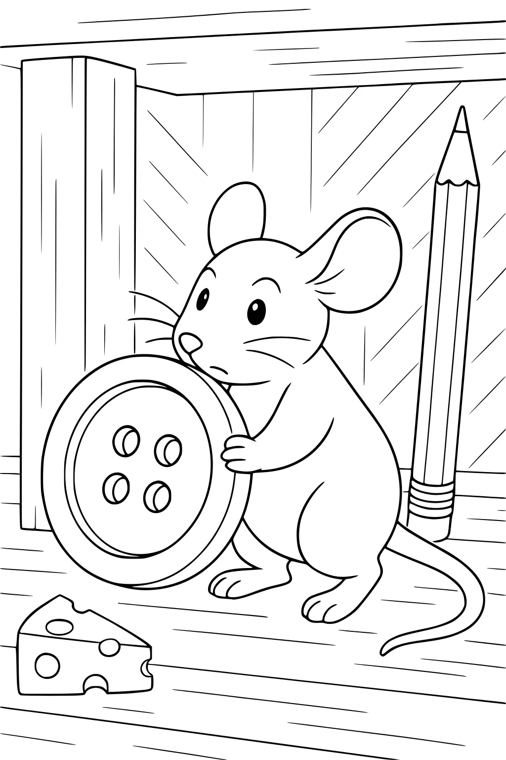 Mouse holding giant button near cheese slice and pencil on wooden floorboards.