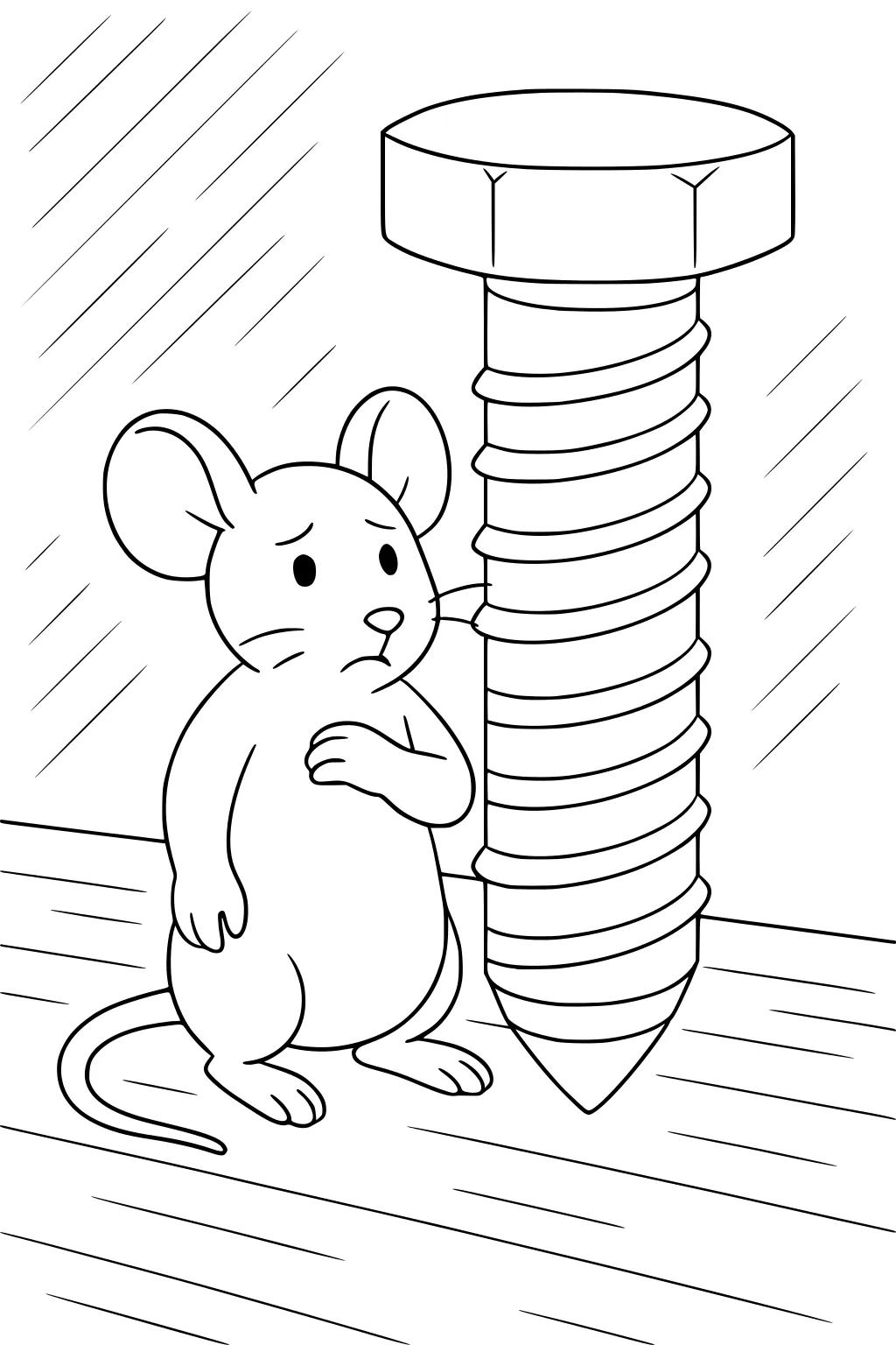 A worried mouse stands next to a giant screw on a wood floor with slanted lines in the background.