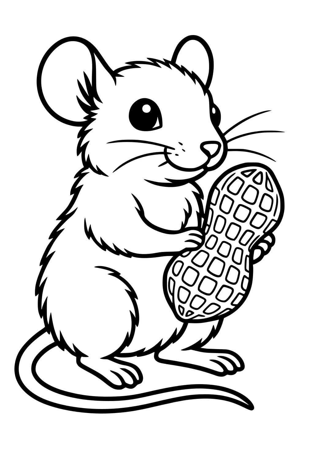 Cartoon mouse holding a large peanut, with fluffy fur, big ears, and a long tail. Simple line art drawing.