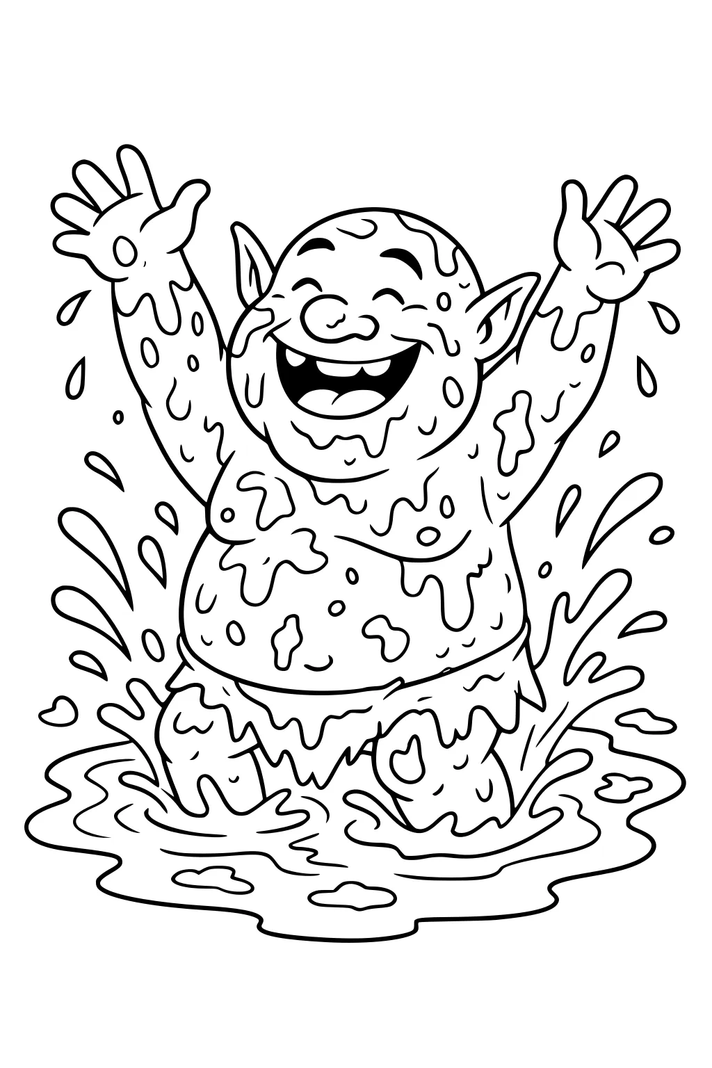 Smiling ogre boy splashes in a big mud puddle with arms raised, droplets flying, pointy ears, belly, and ragged shorts.