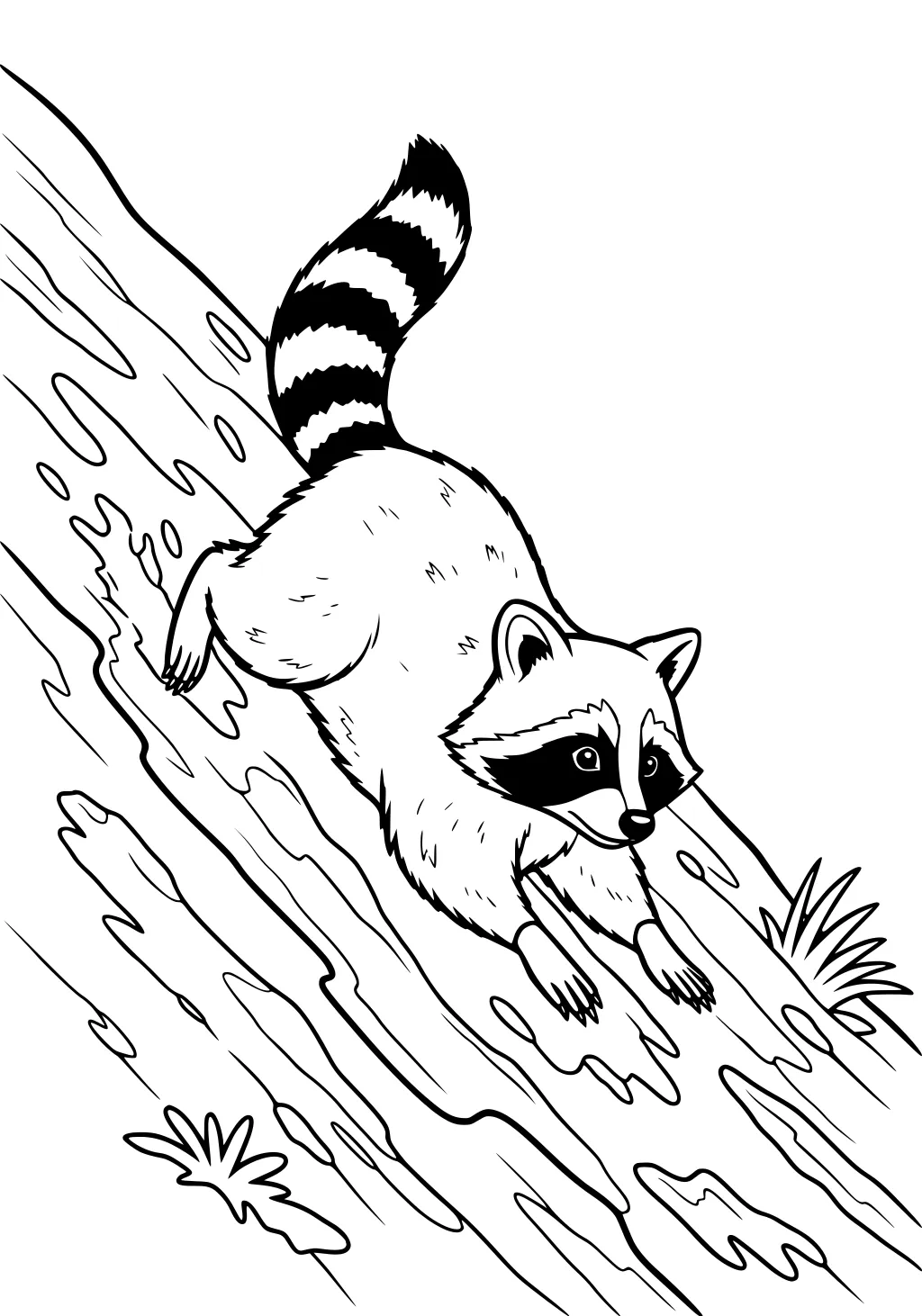 Raccoon slides down sloped ground with striped tail raised and front paws reaching out, surrounded by grassy patches.
