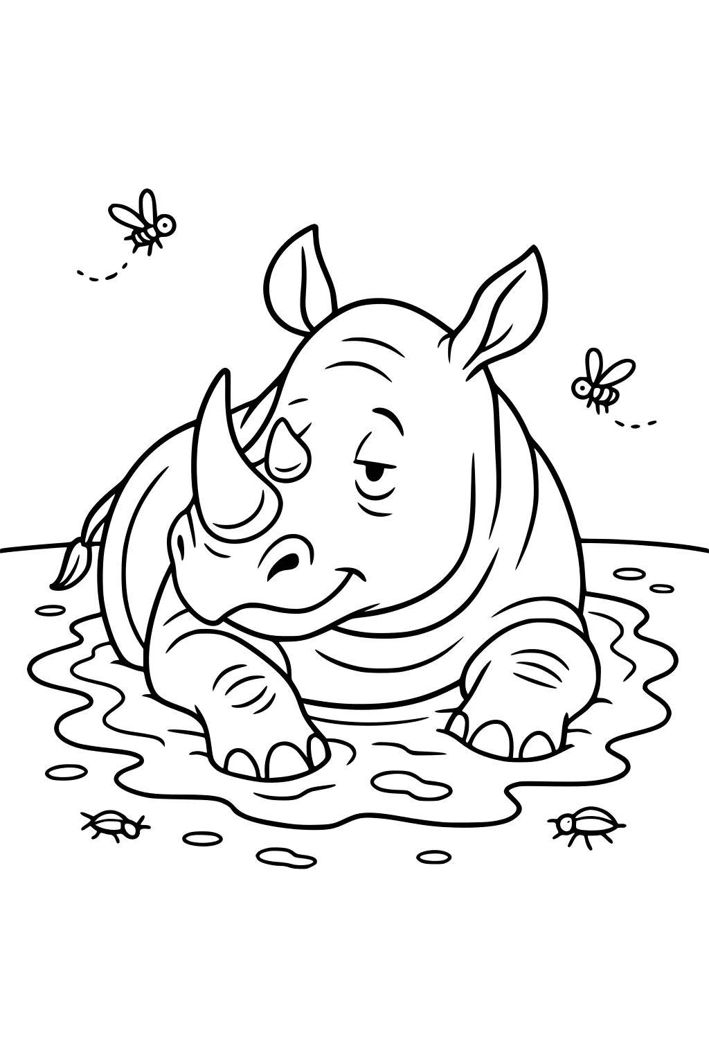 A relaxed rhinoceros sits in a muddy puddle with three buzzing flies and two small beetles around the mud.